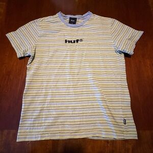 HUF‎ Striped T-Shirt Size Small Blue Yellow Skate Streetwear Embroidered Logo